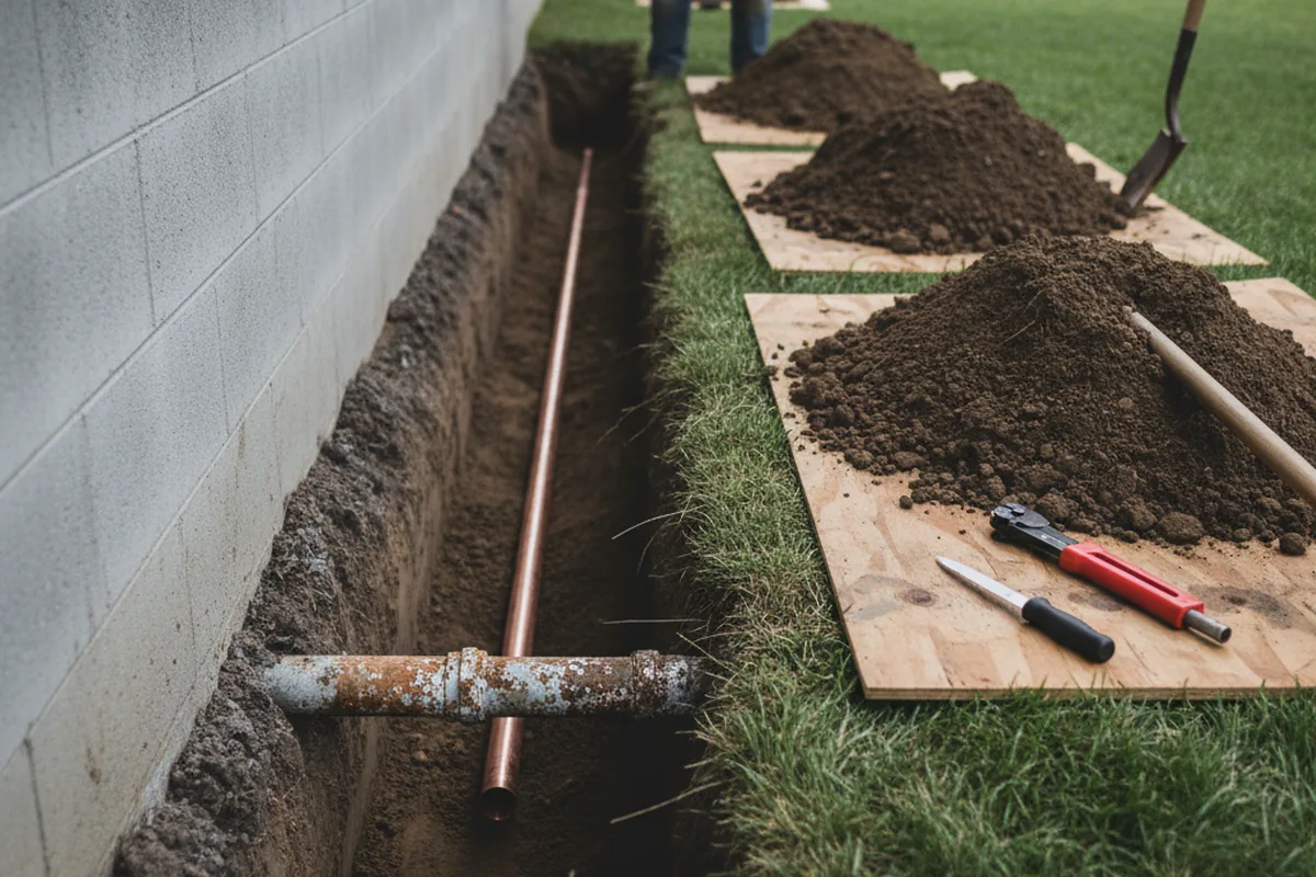 Excavated water line trench during Water Heater Repair in Scotland